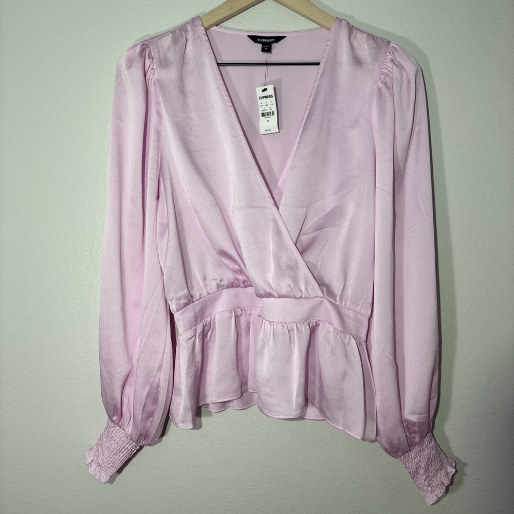 NWT - Express Womens Blouse M Satin V-Neck Peplum Long Sleeve Shirring Pink Top
